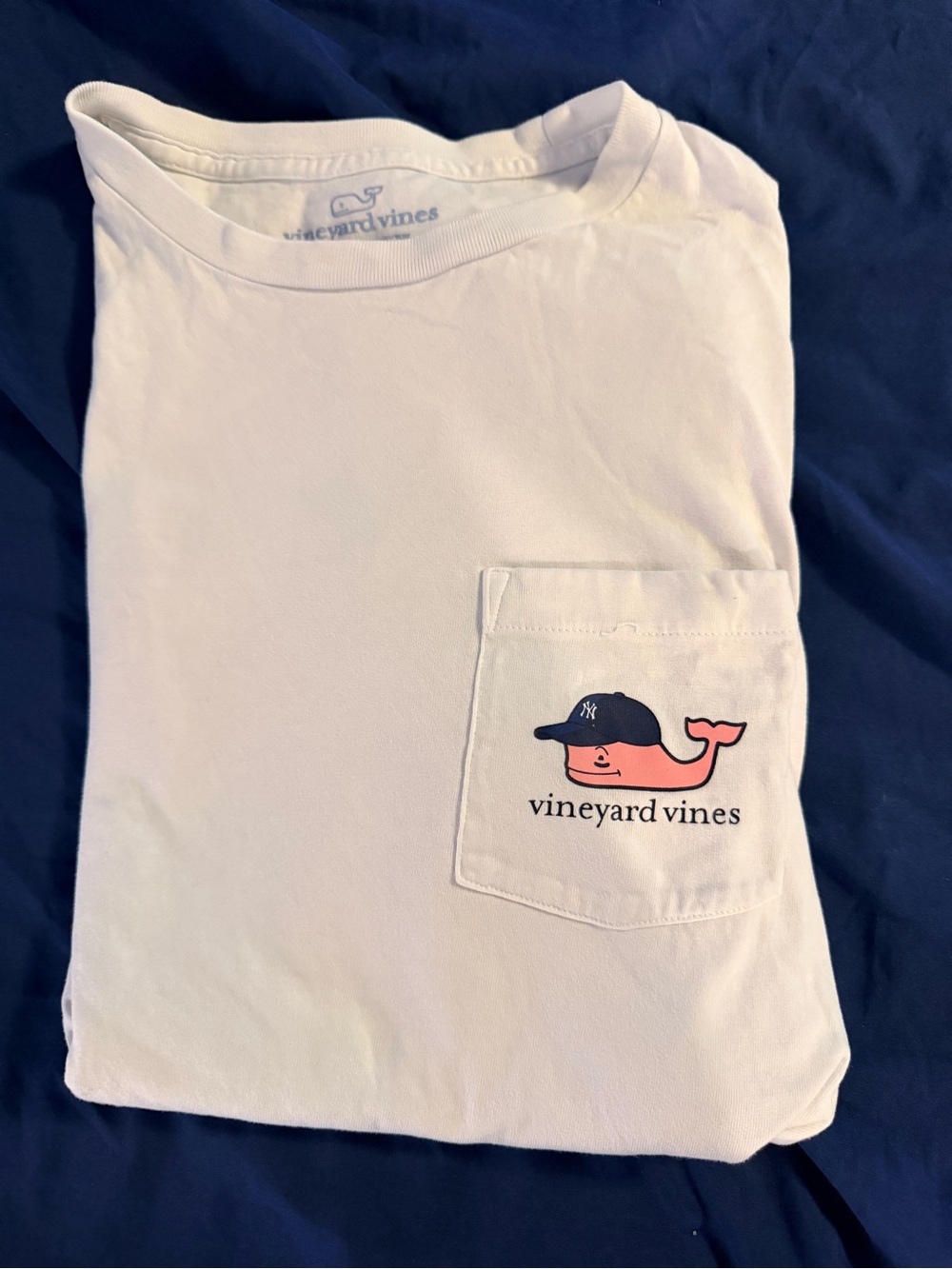 Vineyard Vines White Tee with Pink Whale Pocket and Navy Cap